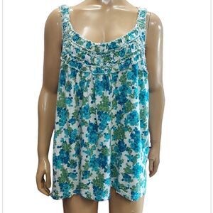 Sleeveless Blue Floral Ruffle Yoke Tank Top